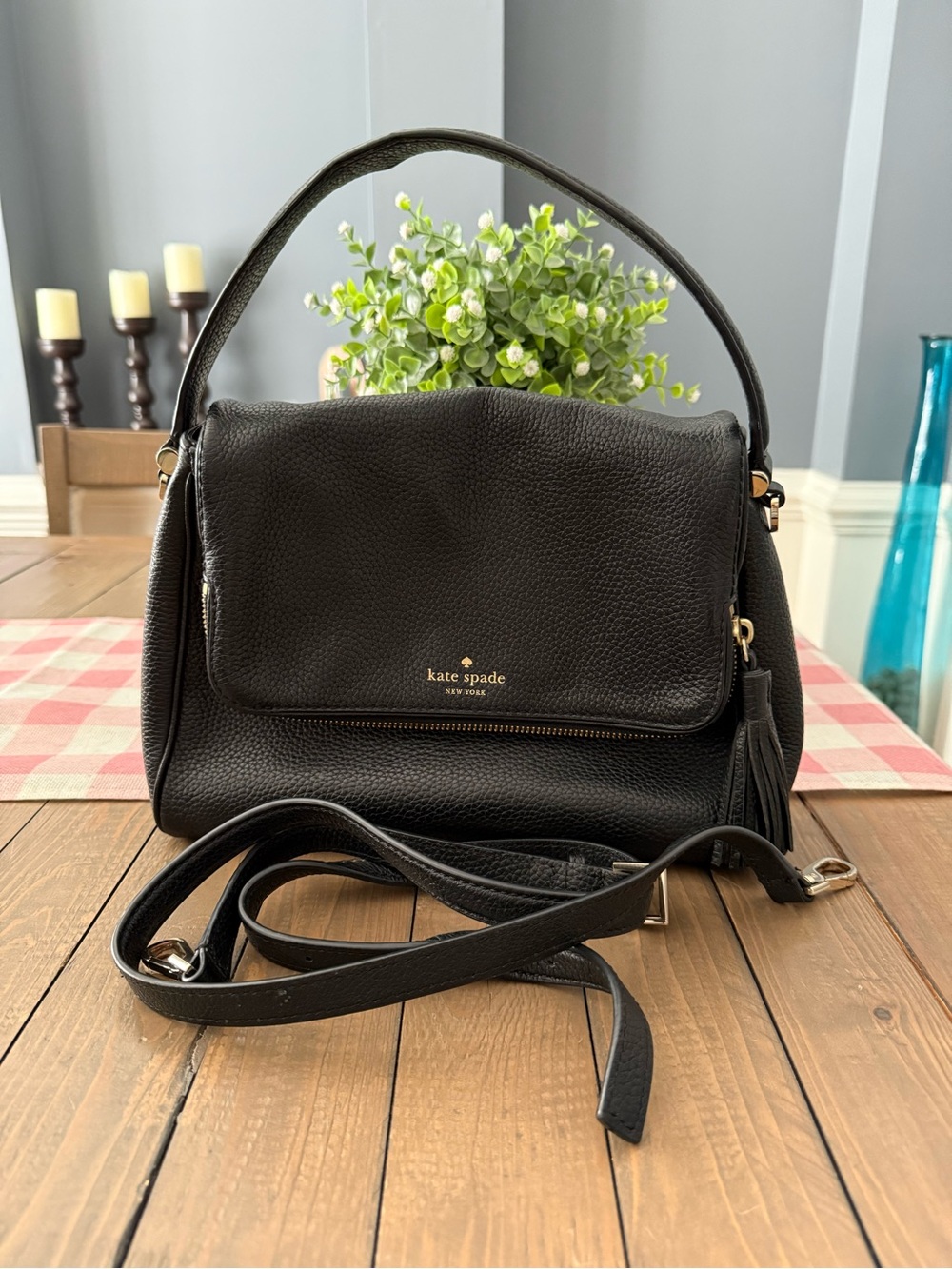 kate spade Black Pebbled Leather Flap Shoulder Bag with Tassel